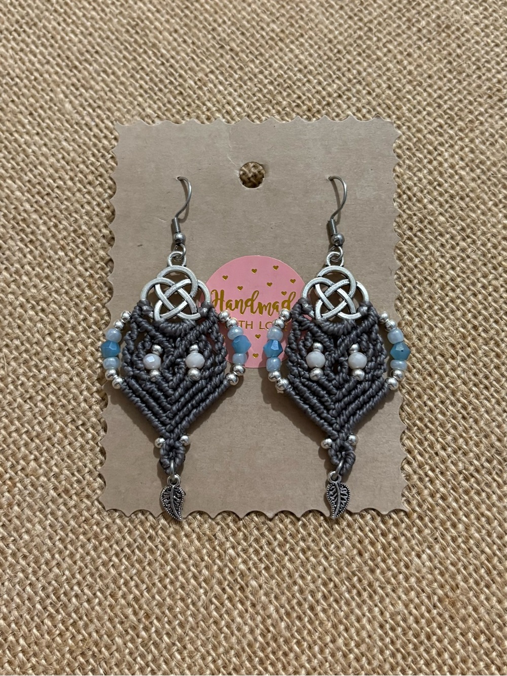 Handmade Gray Macramé Drop Earrings with Blue Beads
